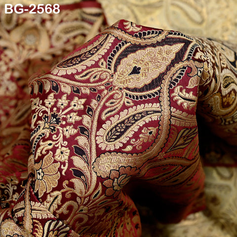 Maroon Brocade Fabric by Yard Historic Costume Indian Banarasi Wedding Dress Material Banaras Knee Length Coat Sewing Upholstery Drapery