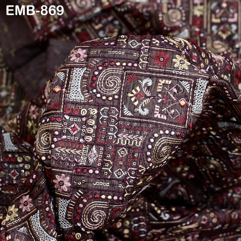 Brown Embroidered Fabric by the yard Sewing Crafting Embroidery Wedding Dresses Curtains Tote Bags Historical Costume Home Decor Upholstery