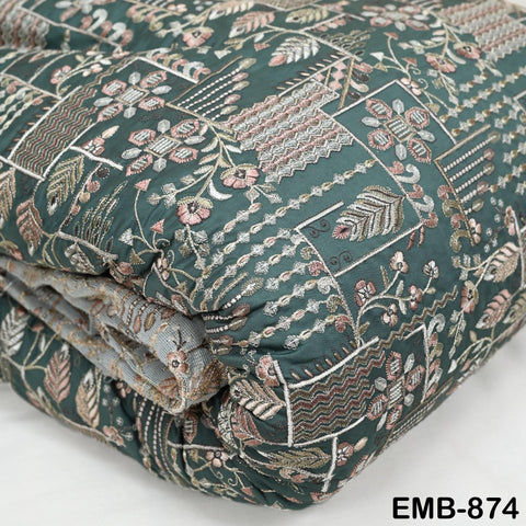 Green Embroidered Fabric by the yard Sewing Crafting Indian Embroidery Wedding Dress Blouses Blazer Victorian Costumes Cigarette Trousers