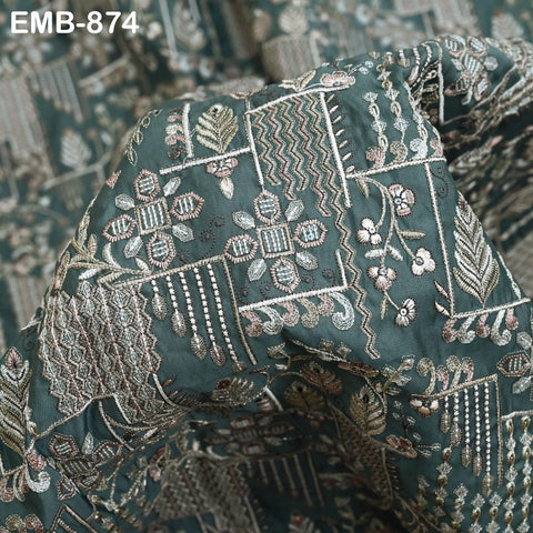 Green Embroidered Fabric by the yard Sewing Crafting Indian Embroidery Wedding Dress Blouses Blazer Victorian Costumes Cigarette Trousers