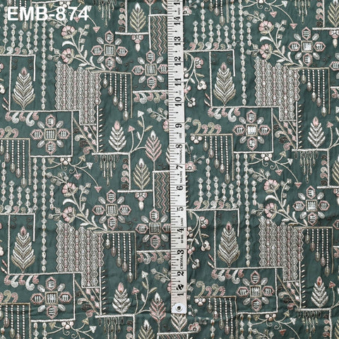 Green Embroidered Fabric by the yard Sewing Crafting Indian Embroidery Wedding Dress Blouses Blazer Victorian Costumes Cigarette Trousers