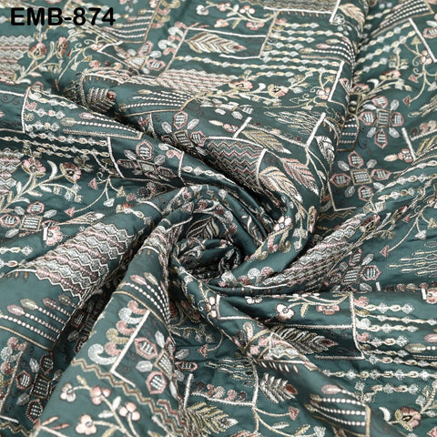 Green Embroidered Fabric by the yard Sewing Crafting Indian Embroidery Wedding Dress Blouses Blazer Victorian Costumes Cigarette Trousers