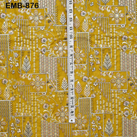 Yellow Embroidered Fabric by the yard Sewing Crafting Indian Embroidery Wedding Dress Blouses Blazer Victorian Costumes Cigarette Trousers