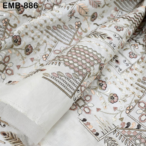 Ivory Embroidered Fabric by the yard Sewing Crafting Indian Embroidery Wedding Dress Blouses Blazer Victorian Costumes Cigarette Trousers