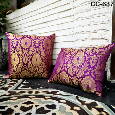 Purple Brocade Cushion Cover: Gold Floral Silk Pillow Sham