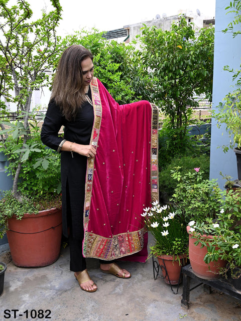 Velvet Shawl Magenta Designer Dupatta Vintage Hand Embroidered Border Gift Friend Indian Chunni Bridal Veil Lehenga Festival Punjabi Wedding