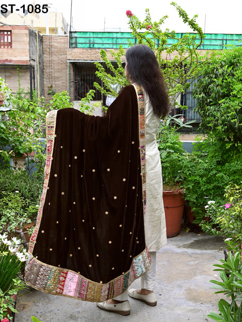 Velvet Shawl Brown Designer Dupatta Vintage Hand Embroidered Border Gift Friend Indian Chunni Bridal Veil Lehenga Festival Punjabi Wedding