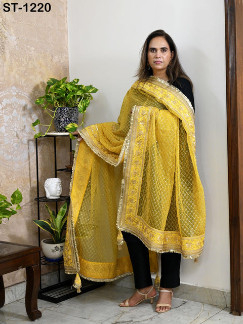 Yellow Organza Designer Dupatta for women, Bridal Wedding lehenga Chunni/Veil Beads Sequin Scarf Indian Ethnic Dress Stole Gift Bridesmaid