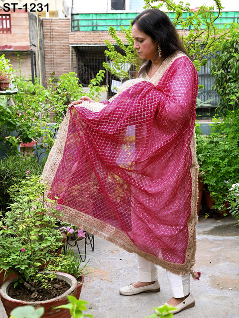 Magenta Organza Designer Dupatta for women, Bridal Wedding lehenga Chunni/Veil Beads Sequin Scarf Indian Ethnic Dress Stole Gift Bridesmaid