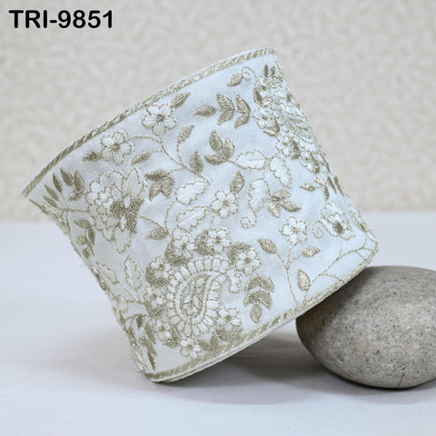 3 Yard White Embroidery Trim Indian Embroidered Ribbon Laces Embellishment Costumes Trimmings 10 cm Fabric Sari Border Crafting Saree Sewing