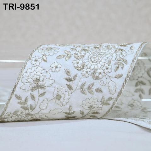 3 Yard White Embroidery Trim Indian Embroidered Ribbon Laces Embellishment Costumes Trimmings 10 cm Fabric Sari Border Crafting Saree Sewing
