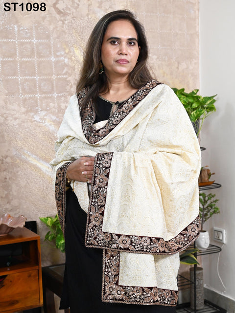Ivory Velvet Shawl Designer Dupatta Embroidery on edges, Gift Women Indian Embroidered Chunni Bridal Veil Lehenga Festival Punjabi Wedding