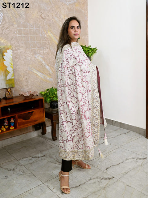 Onion Pink Embroidery Dupatta Women Georgette Chunni Bridal Veil Lehenga Wrap Stole Festival Wedding Punjabi Chunri India Ethnic Attire