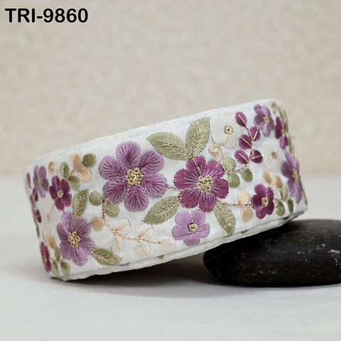 9 Yard Mauve Indian Embroidery Ribbons 5cm Trim Crafting, Sewing, Saree Border Embroidered Tote Bag Theatrical Costumes, Holiday Ornaments