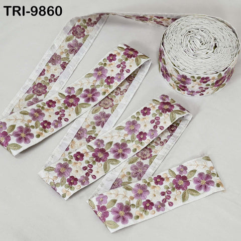 9 Yard Mauve Indian Embroidery Ribbons 5cm Trim Crafting, Sewing, Saree Border Embroidered Tote Bag Theatrical Costumes, Holiday Ornaments