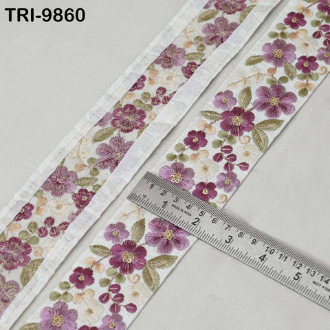 9 Yard Mauve Indian Embroidery Ribbons 5cm Trim Crafting, Sewing, Saree Border Embroidered Tote Bag Theatrical Costumes, Holiday Ornaments