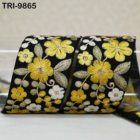 9 Yard Yellow Indian Embroidery Ribbons 5cm Trim Crafting, Sewing, Saree Border Embroidered Tote Bag Theatrical Costumes, Holiday Ornaments