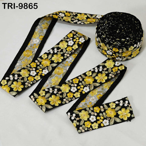 9 Yard Yellow Indian Embroidery Ribbons 5cm Trim Crafting, Sewing, Saree Border Embroidered Tote Bag Theatrical Costumes, Holiday Ornaments