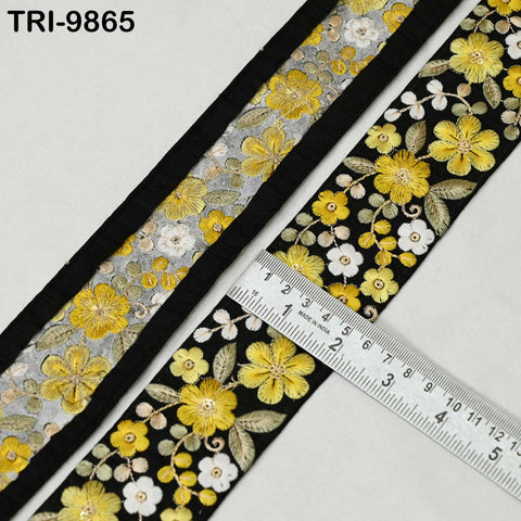 9 Yard Yellow Indian Embroidery Ribbons 5cm Trim Crafting, Sewing, Saree Border Embroidered Tote Bag Theatrical Costumes, Holiday Ornaments