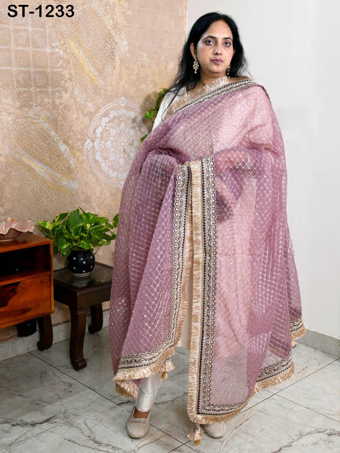 Mauve Organza Designer Dupatta for women, Bridal Wedding lehenga Chunni/Veil Beads Sequin Scarf Indian Ethnic Dress Stole Gift Bridesmaid