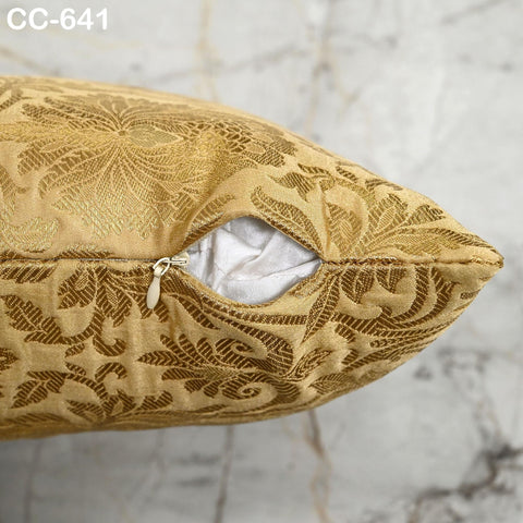 Ivory Gold Brocade Cushion Cover: Luxury Banarasi Silk Pillow Sham