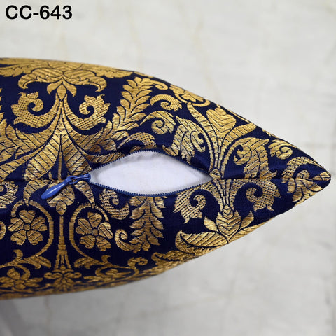 Blue & Gold Brocade Pillow Cover: Indian Silk Floral Cushion