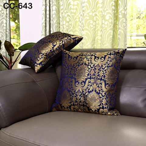 Blue & Gold Brocade Pillow Cover: Indian Silk Floral Cushion