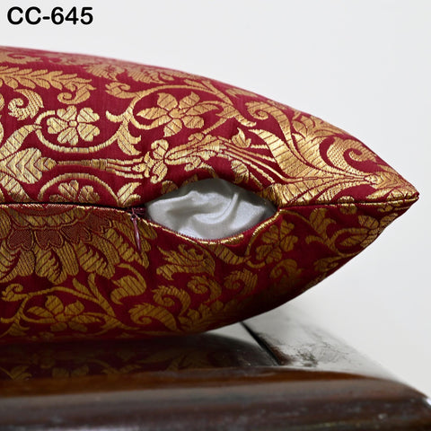 Maroon Gold Brocade Pillow Cover: Indian Floral Silk Cushion