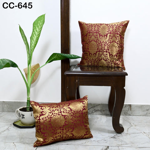Maroon Gold Brocade Pillow Cover: Indian Floral Silk Cushion