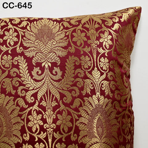 Maroon Gold Brocade Pillow Cover: Indian Floral Silk Cushion