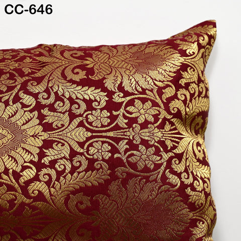 Maroon & Gold Brocade Pillow Cover: Indian Silk Floral Cushion