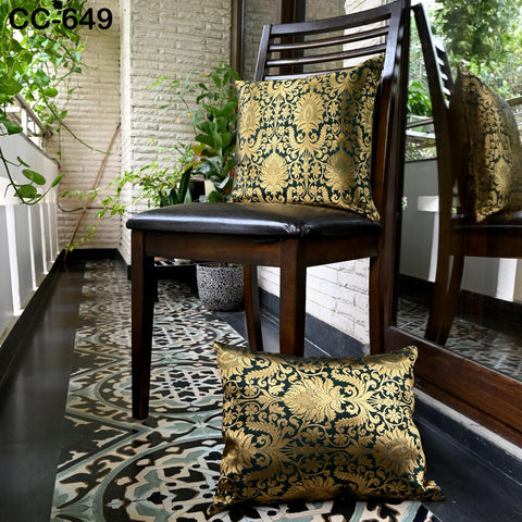 Green & Gold Brocade Pillow Cover: Luxury Silk Floral Cushion - Indian Decor