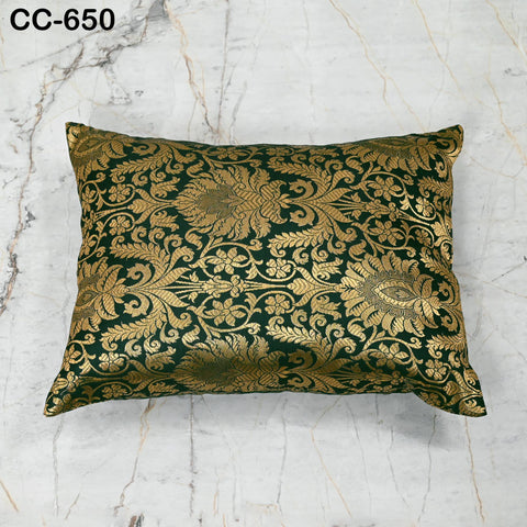 Green & Gold Brocade Pillow Cover: Indian Silk Floral Cushion