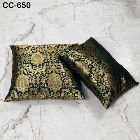 Dark green cushion cover with gold floral brocade weaving