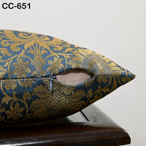 Grey & Gold Brocade Cushion Cover: Luxury Indian Silk Pillow