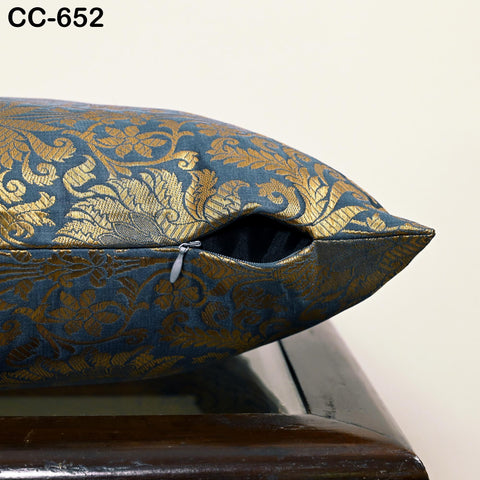 Grey & Gold Brocade Pillow Cover: Indian Floral Silk Accent Pillow