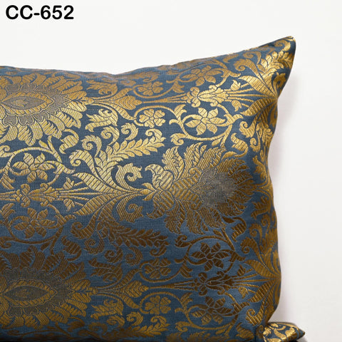 Grey & Gold Brocade Pillow Cover: Indian Floral Silk Accent Pillow