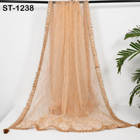 Peach Organza Designer Dupatta for women, Bridal Wedding lehenga Chunni/Veil Beads Sequin Scarf Indian Ethnic Dress Stole Gift Bridesmaid