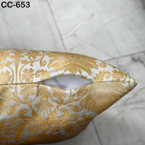 Ivory & Gold Brocade Cushion Cover – Luxury Silk Throw Pillow Case – Decorative Indian Brocade Sofa Pillow for Festive / Wedding Home Décor