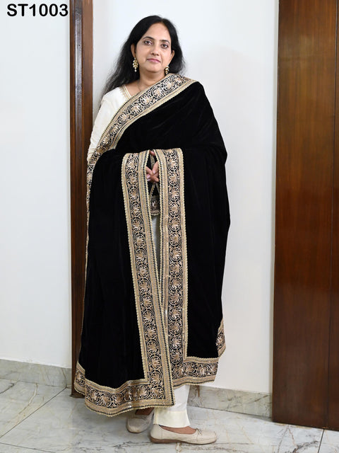 Black Velvet Dupatta Gold Zari Embroidery on edges, Tradition dupatta Chunni Bridal Veil Lehenga Embroidered Festival Punjabi Women Gift Mom
