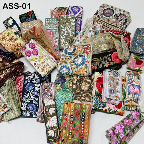 40 Pieces Assorted Bundle of Trim Scrap Indian Embroidered Saree Ribbon Sari Border Embellishments Trimmings Assorted Size Colors Design