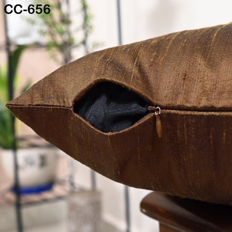 Decorative lumbar pillow cover with iridescent brown Dupioni silk fabric and hidden zipper.