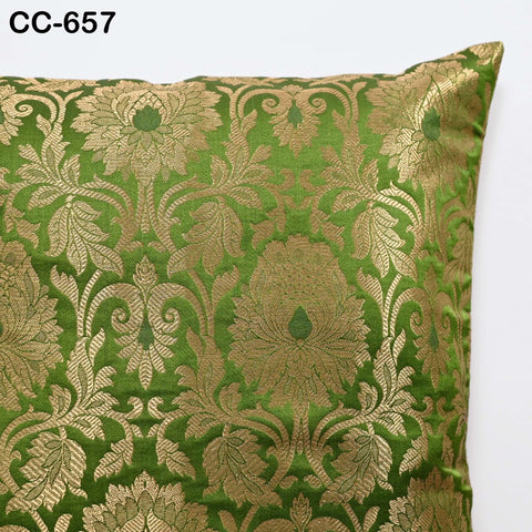 Green & Gold Brocade Cushion Cover – Luxury Silk Throw Pillow Case – Decorative Indian Brocade Sofa Pillow for Festive / Wedding Home Décor