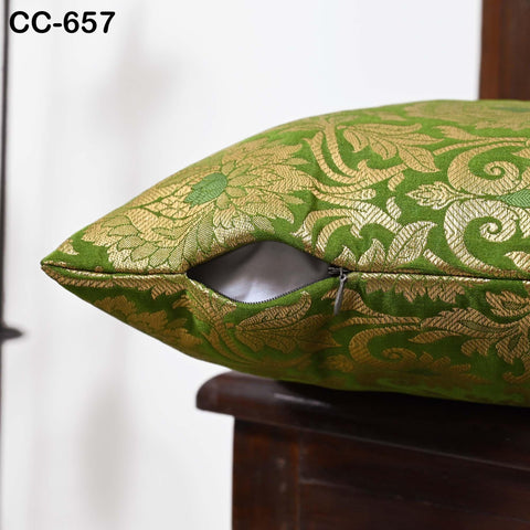 Green & Gold Brocade Cushion Cover – Luxury Silk Throw Pillow Case – Decorative Indian Brocade Sofa Pillow for Festive / Wedding Home Décor