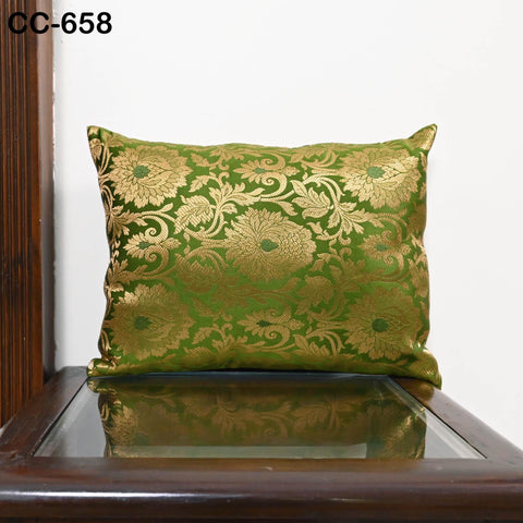 Green & Gold Brocade Silk Cushion Cover, Luxury Decorative Throw Pillow Case, Indian Brocade Floral Accent Pillow for Sofa, Bed Living Room