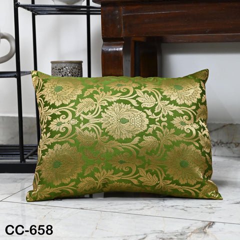 Green & Gold Brocade Silk Cushion Cover, Luxury Decorative Throw Pillow Case, Indian Brocade Floral Accent Pillow for Sofa, Bed Living Room