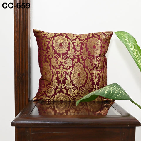 Maroon Gold Brocade Silk Cushion Cover – Luxury Decorative Throw Pillow Case – Indian Brocade Floral Pillow for Sofa Bed & Living Room Décor