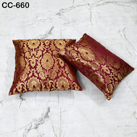 Maroon Gold Brocade Silk Cushion Cover, Luxury Decorative Throw Pillow Case, Indian Brocade Floral Accent Pillow for Sofa, Bed & Living Room