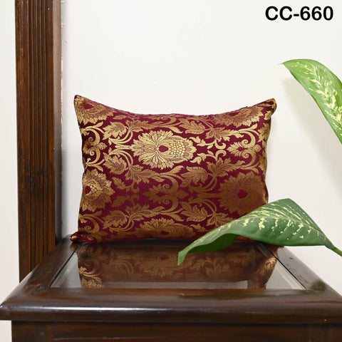 Maroon Gold Brocade Silk Cushion Cover, Luxury Decorative Throw Pillow Case, Indian Brocade Floral Accent Pillow for Sofa, Bed & Living Room