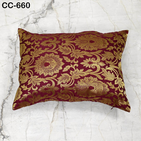Maroon Gold Brocade Silk Cushion Cover, Luxury Decorative Throw Pillow Case, Indian Brocade Floral Accent Pillow for Sofa, Bed & Living Room